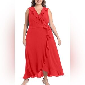 London Times Woman Red Coral Ruffle Wrap Maxi Dress - Size 18W
